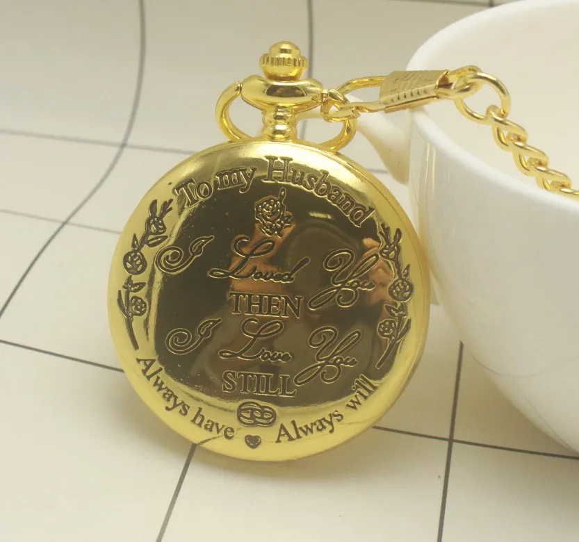 Design To My Husband Pocket Watch I LOVE YOU Still Laser Engraved Fob Chain Necklace Watches Men Fathers Day Quartz Clock