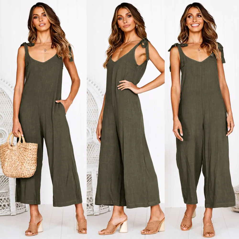 Women Rompers 2020 Summer new Ladies Casual Clothes Loose Linen Cotton Jumpsuit Sleeveless Backless Playsuit Trousers Overalls