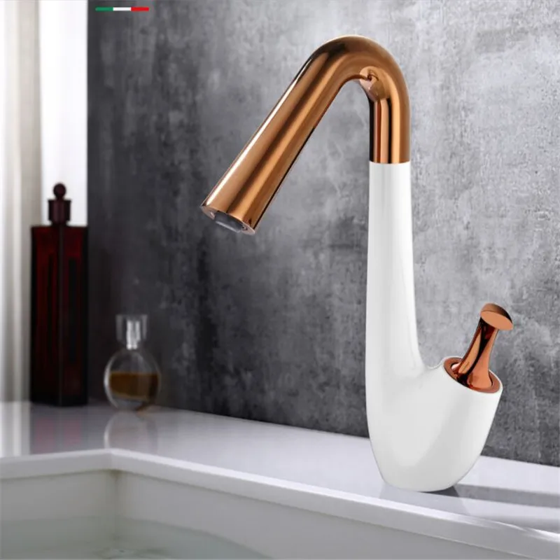 

Basin Faucets Brass Hot & Cold Bathroom Sink Mixer Taps Single Handle White Rose Gold Deck Mounted Swan Style New Arrivals Black