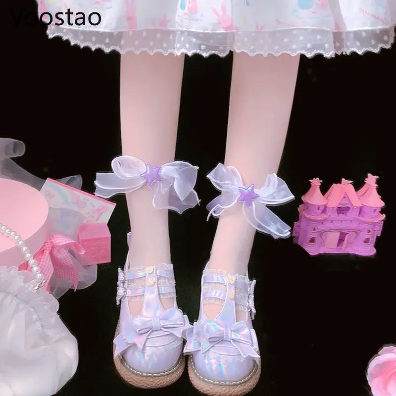 Japanese Style Sweet Lolita Socks Kawaii Girl Bowknot Transparent Tulle Tube Socks Princess Cosplay Women Summer Fairy Socks