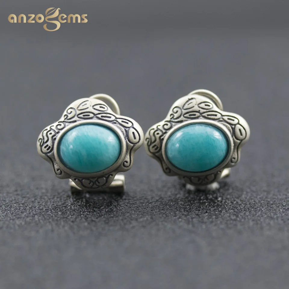 Anzogems vintange natural Amazonite stud earrings 925 sterling silver gemstone fine jewelry for women's wife clasp ear studs