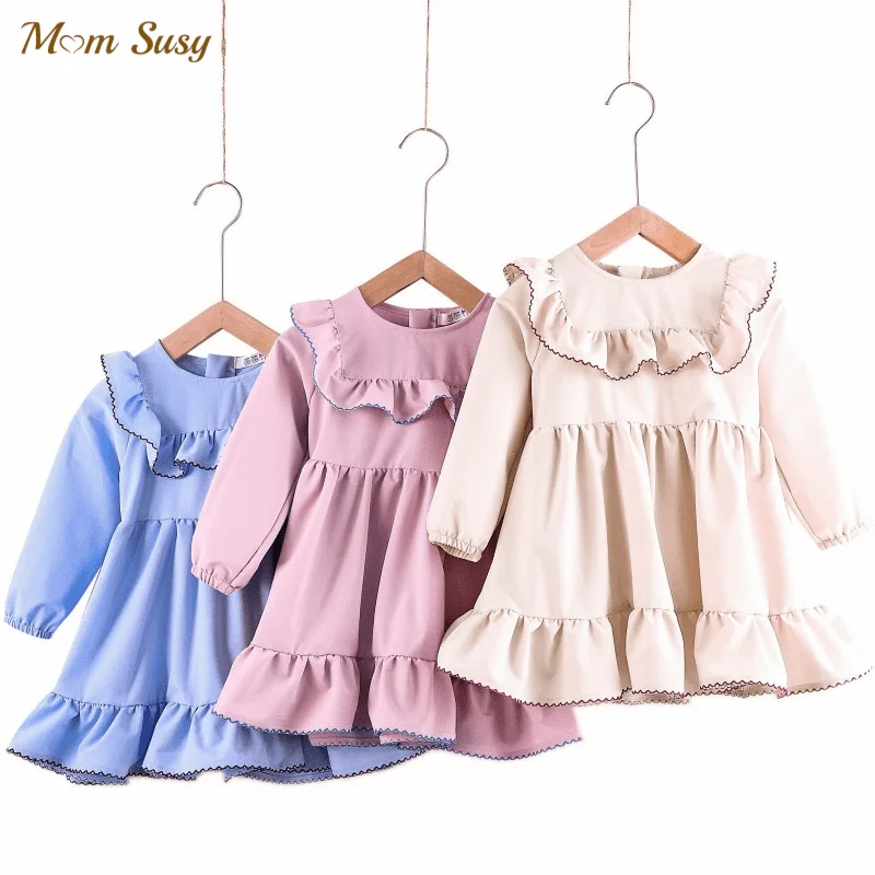 

Baby Girl Cotton Ruffle Dress Long Sleeve Spring Autumn Infant Toddler Girl Princess Dress Casual Solid Color Baby Clothes 1-7Y