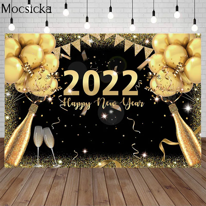 Happy New Year Of 2022 Backdrop Merry Christmas Golden Balloon Champagne Decor Photography Background Photoshoot Party Banner