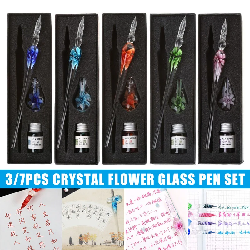 Glass Calligraphy Pen Crystal Glass Dip Ink Pen Set Non-Carbon Ink Signature Pens Writing Tools GK99