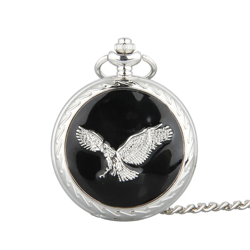 8006Men And Women Necklace Gift Table Eagle Fashi Dapeng Exhibition Winged Quartz Pocket Watch Black Cover Eagle Silver Plated