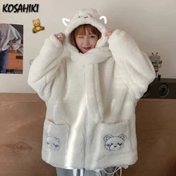 KOSAHIKI Japanese Students Kawaii Fluffy Jackets Women Autumn Winter Loose Hooded Faux Fur Coat Bear Embroidery Sweet Jacket