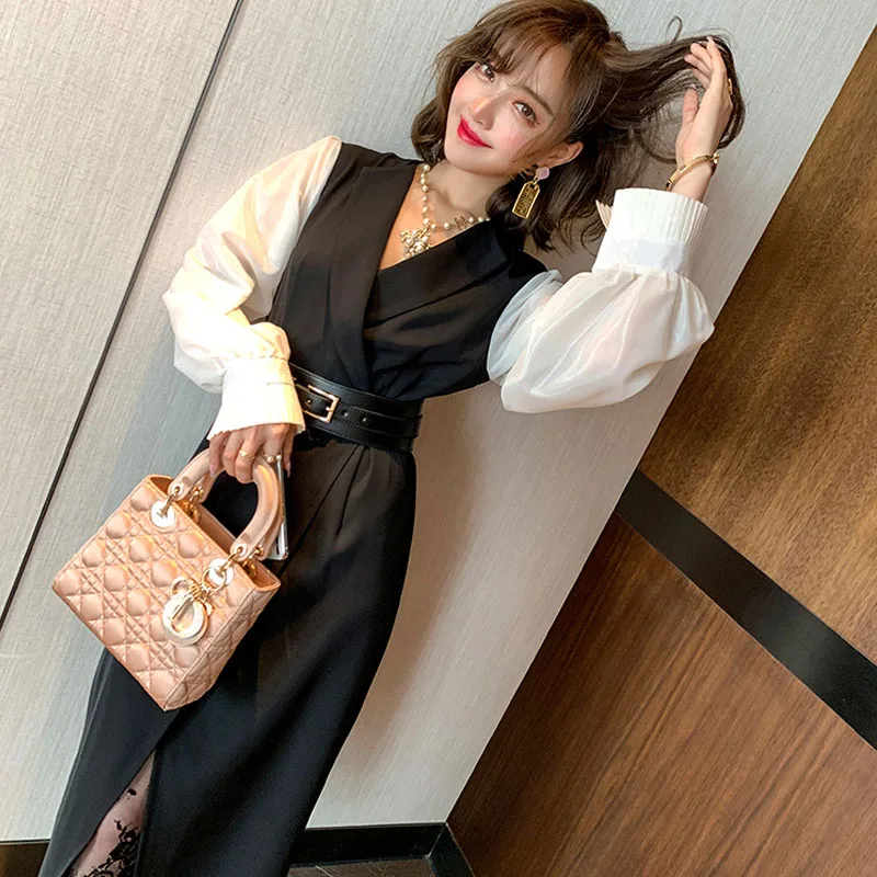 Celebrity Temperament Female Autumn New Dress Korea Fashion Flare Sleeve V-neck Sexy Lace Patchwork Split Dress Free Belt