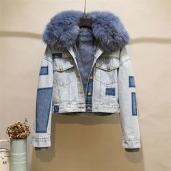 Autumn Winter New Patchwork Real Fox Fur Denim Jacket Female Real Rabbit Fur Liner Warm Parkas Detachable Fur Short Jacket Y719