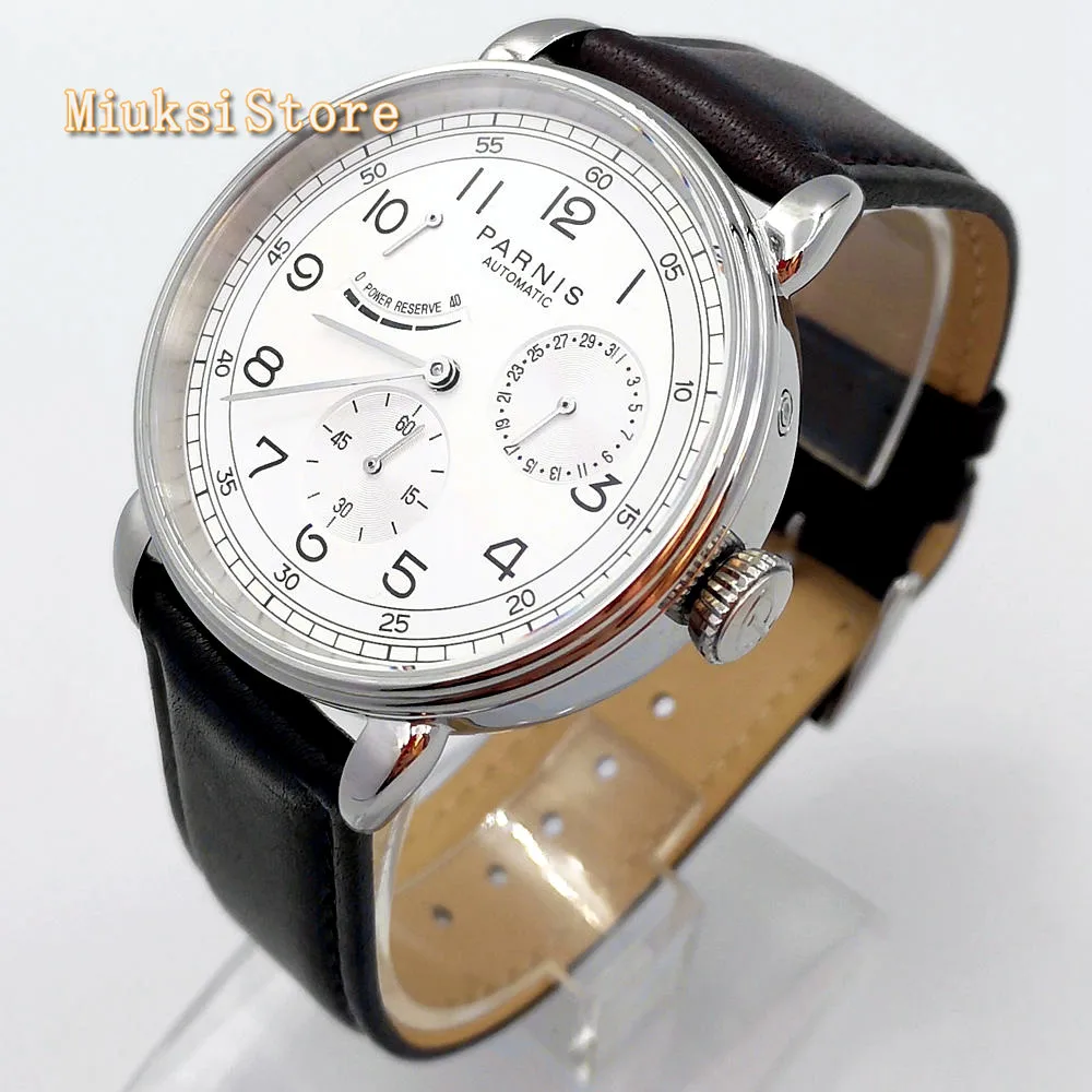 New Parnis 42mm silver watch case date leather automatic movement men\'s luxury mechanical watch