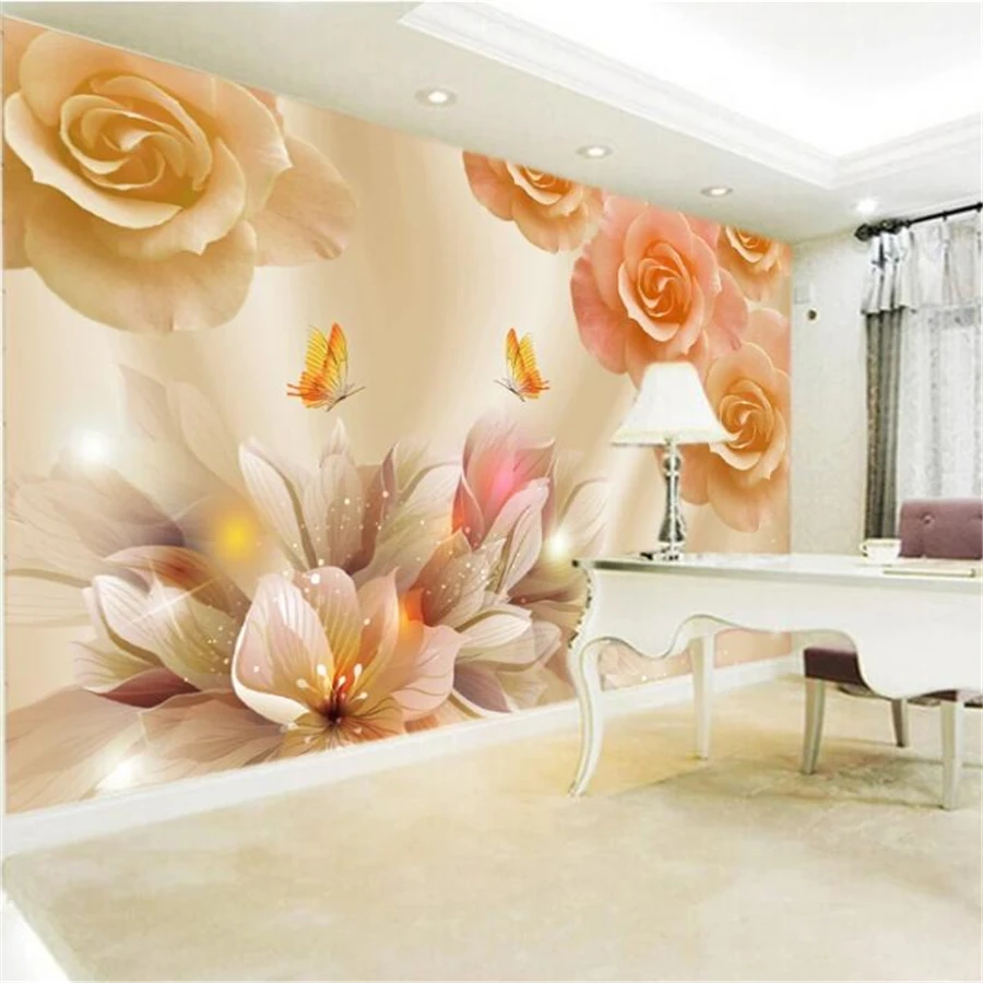 Custom wallpaper 3d mural butterfly love flower romantic yellow rose silk background wall painting living room papel de parede