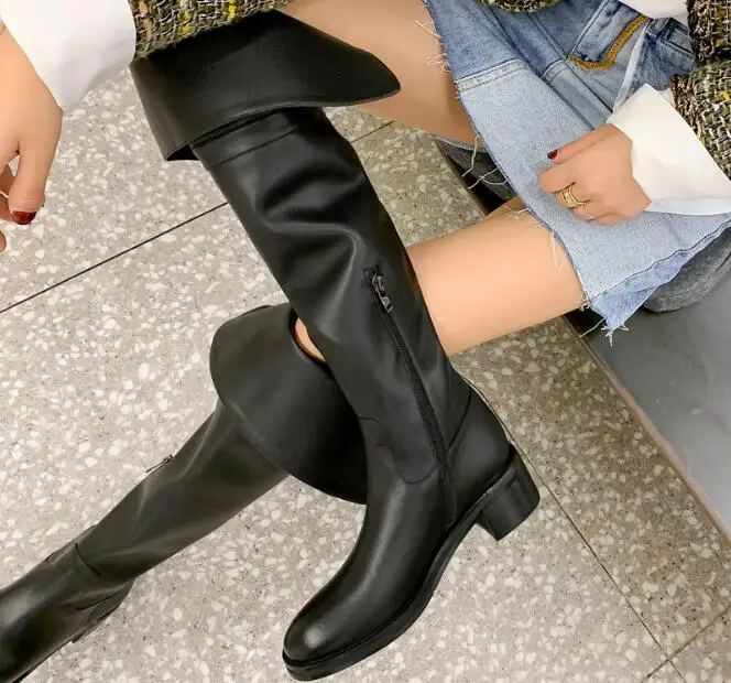 

Black Khaki Cow Leather Turned Over Edge 5 cm Med Heels Over The Knee Boots Woman Round Toe Casual Long Boots Shoes Size 34