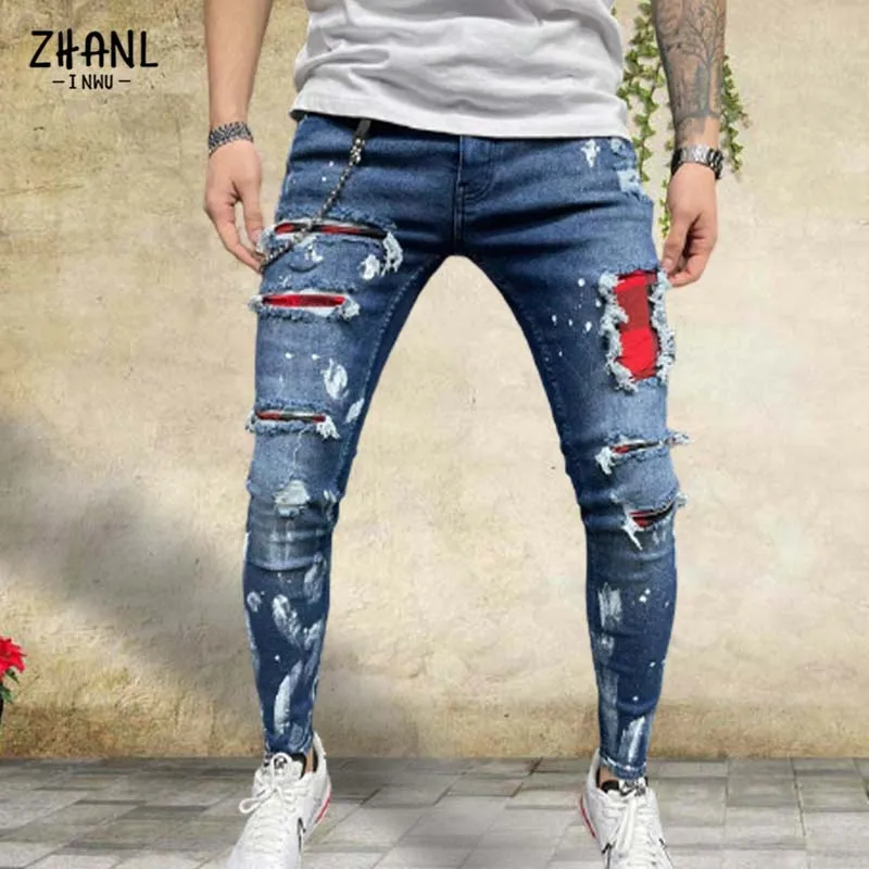 Blue Skinny Men\'s Jeans Plaid Patchwork Joggers Pants Fashion Paint Painting Streetwear Slim Gray Hip Hop Casual Trousers Male