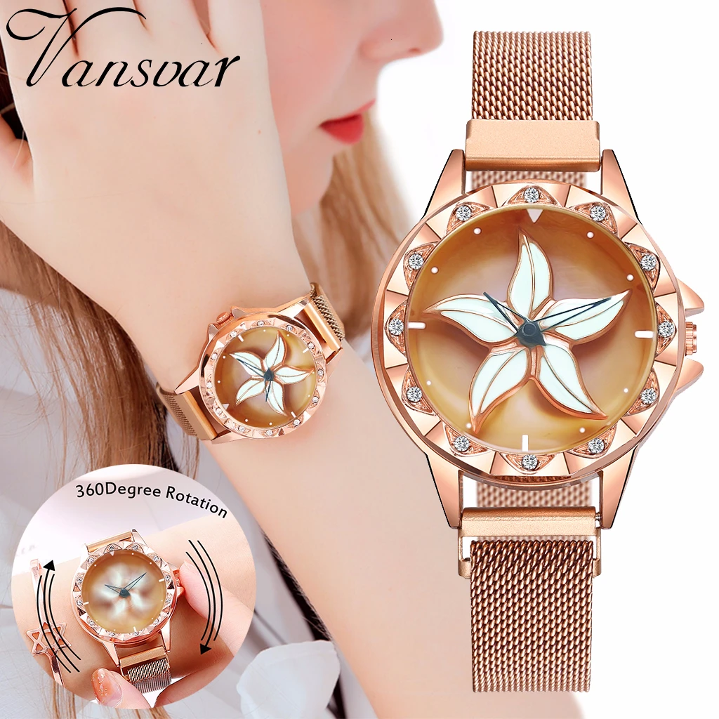 2020 Relogio Feminino Creative Rotating Flower Women\'s Watches Luxury Rose Gold Stainless Steel Quartz Watches Female Wristwatch