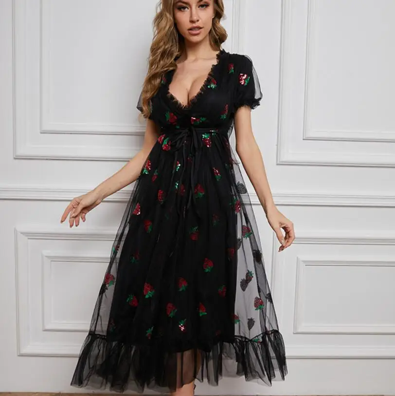 Women Long Party Strawberry Dress 2022 Sequin Mesh Sweet Lolita High Waist Pink Black Tulle Maxi Dresses Robe Femme w156