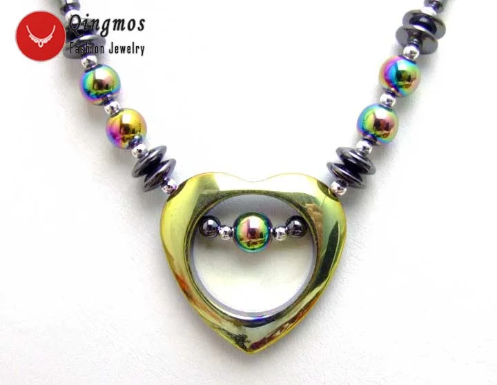 Qingmos Natural Multicolor Hematite 35mm Heart Pendant Necklace for Women with Knurl Black Stone Jewelry 18