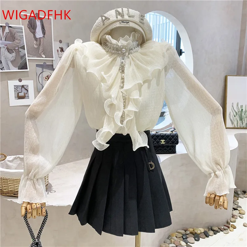 

2025 Fall/Winter New Style Wooden Ear Side Stand-up Collar Rhinestone Hand-beaded Shirt Fashion Beaded Ruffled Flared Sleeve Top