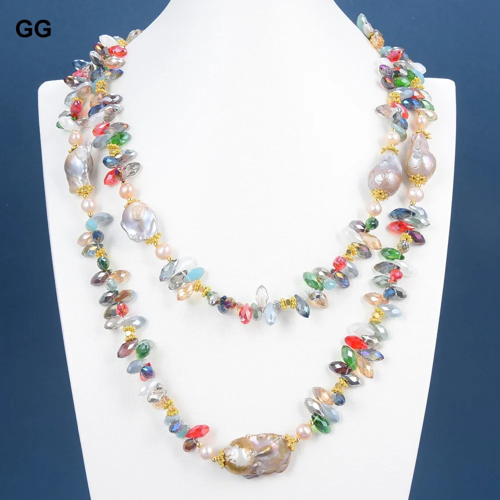 

GG 49'' Big Purple Natural Nucleated Flameball Baroque Pearl top-Drilled Multi Color Teardrop Crystal Long Necklace