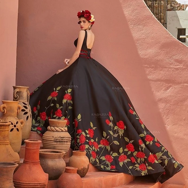 Vestido mejicano de 15 años, quinceañera, negro, bordado, dulce, 16, falda hinchada, de xv años, 2020