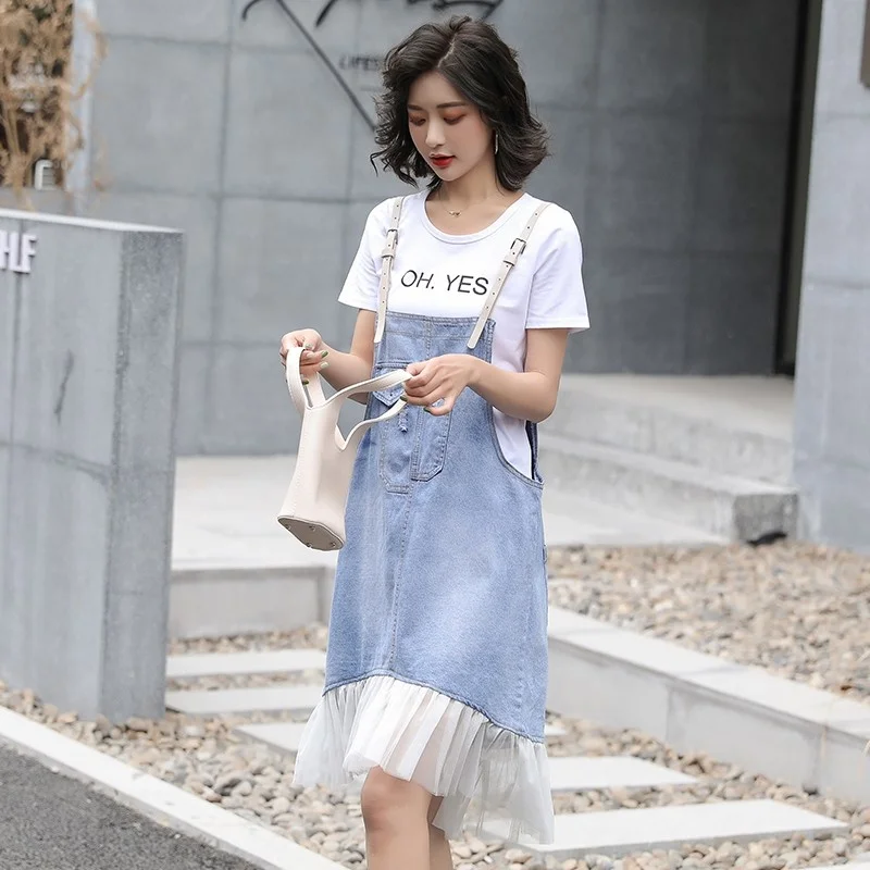 Womens New Mesh Patchwork Denim Hole Ripped Ruffled Dresses Sleeveless Suspender Slim Female A-Line Dresses Fashion Streetwear