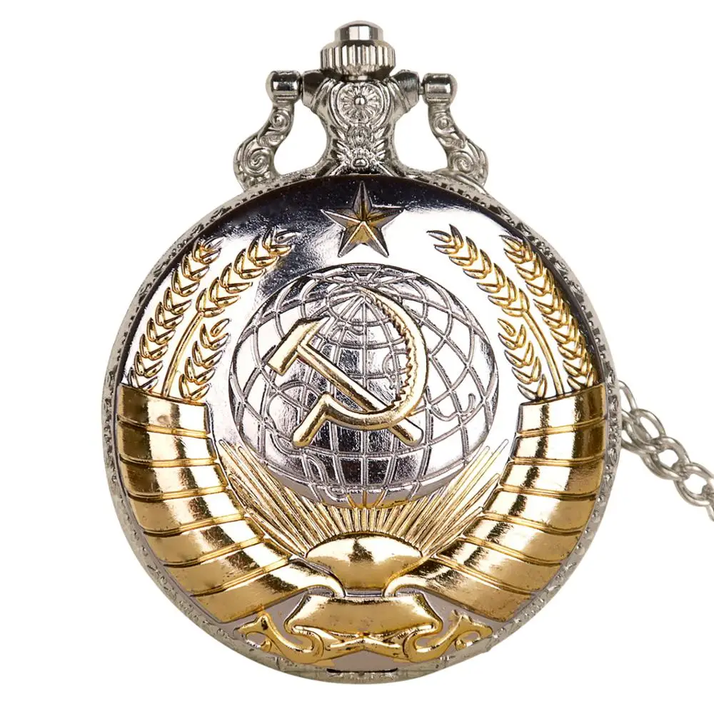 Luxury Soviet Badges Sickle Hammer Pocket Watch Bronze Pendant Russia Emblem Communism with Fob Chain Clock