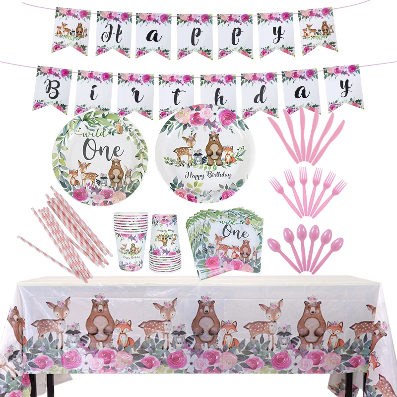 Ensemble de vaisselle jetable bois forêt, assiettes, tasses, animaux Zoo renard ours cerf, décoration de fête prénatale anniversaire