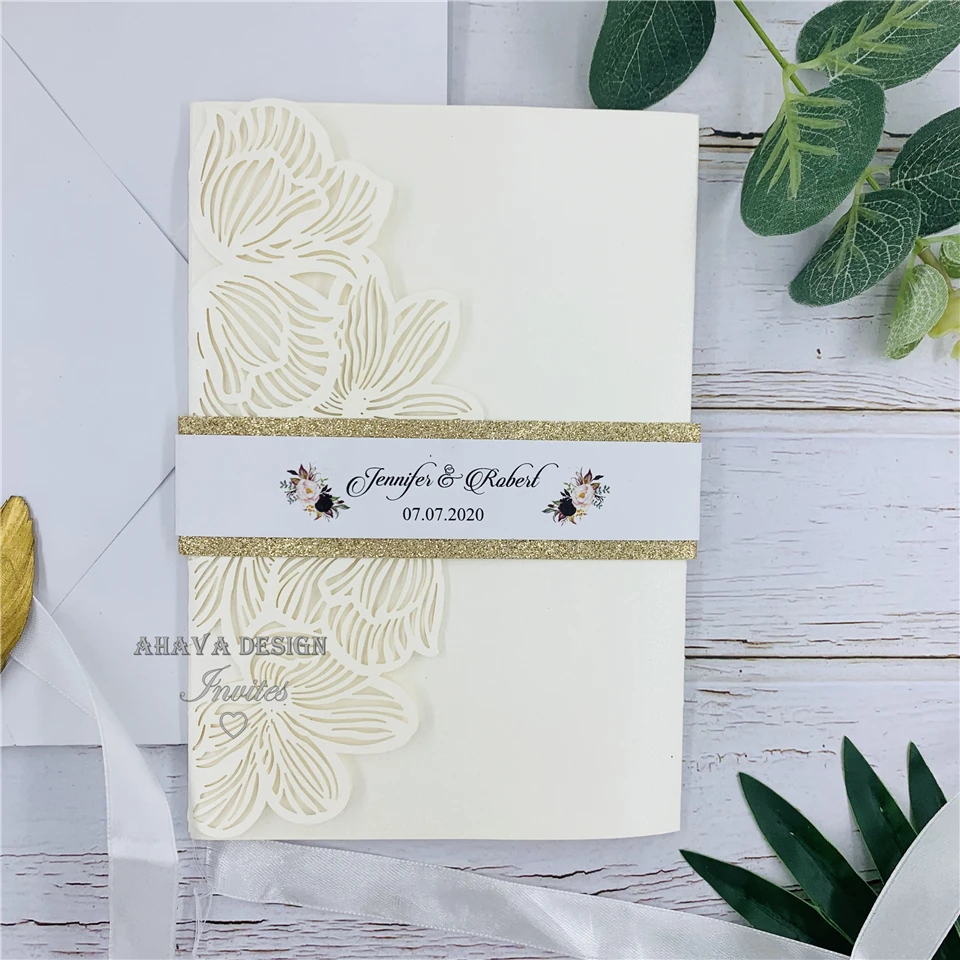 Gorgeous Ivory Laser Cut Wedding Invitation With Personalized  Belly Band And RSVP card