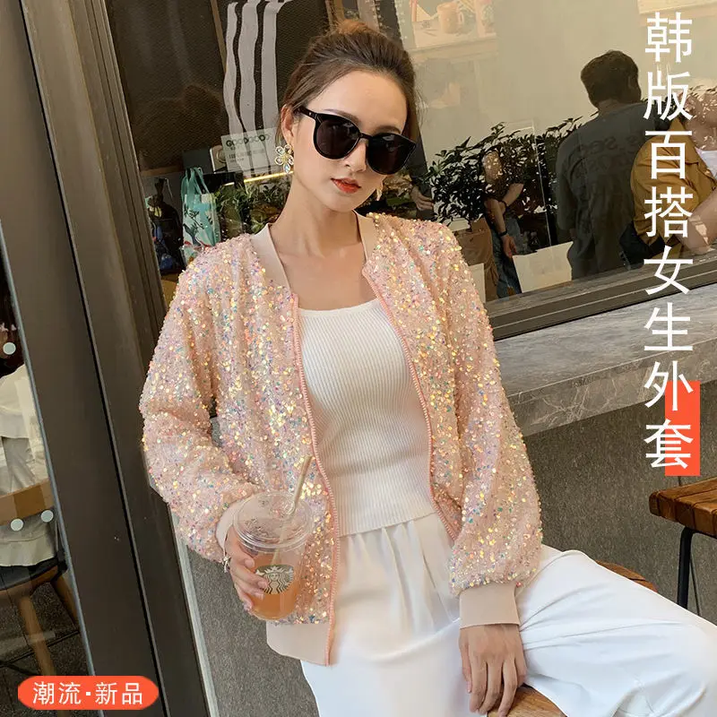 Sequined Jacket Female Spring And Autumn Patchwork Round Neck Loose Solid Color Night Club Outerwear Long Sleeved Hip Hop Coats