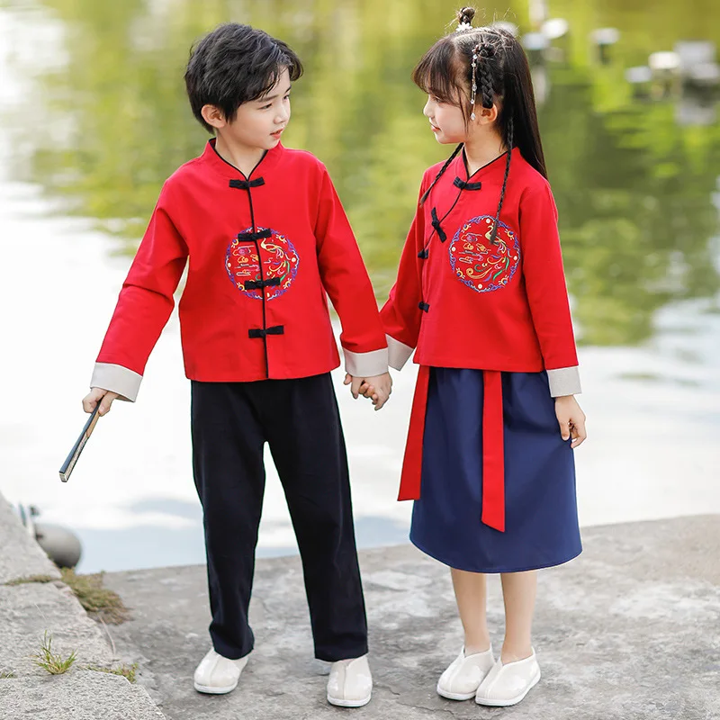 

Spring Autunm New Children Perform Costumes Girls Chinese Lovely Tang Suit Boys Traditional Embroidery Ancient Hanfu