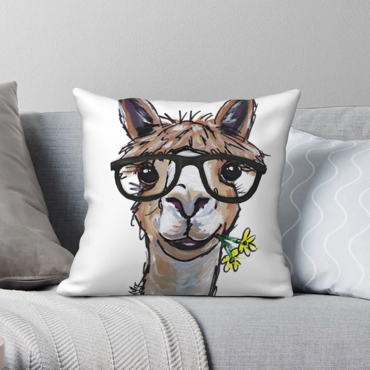 Cute Alpaca With Glasses Square Pillowcase Polyester Linen Velvet Printed Zip Decor Room Cushion Cover