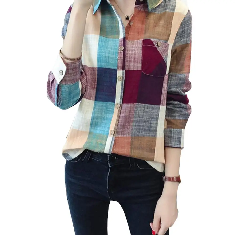 Women\'s Shirt 2021 Autumn And Winter Female Shirt Plaid Shirt Ladies Slim Long Sleeve Cotton Blouse Top Female Outerwear