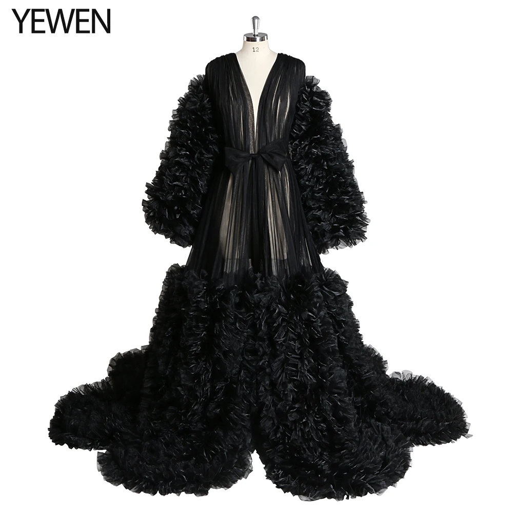 New Design V Neck Black Ruffle Large Skirt Maternity Gowns Puffy Long Sleeves Dress for Baby Shower Pregnancy Dress YEWEN