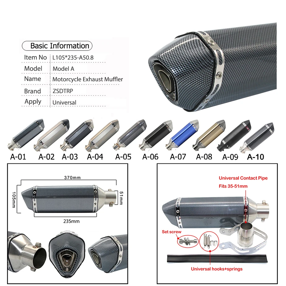 ZS Racing Universal Motorcycle Exhaust Modify AK Exhaust Muffler FZ6 CBR250 CB600 MT07 ATV Dirt Pit Bike Exhaust