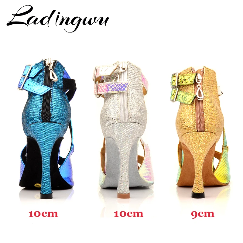 Ladingwu Dance Shoes Latin Women Salsa Shoes Dancing Party Wedding Ballroom Dance Shoes Laser PU and Glitter Blue Gold Silver