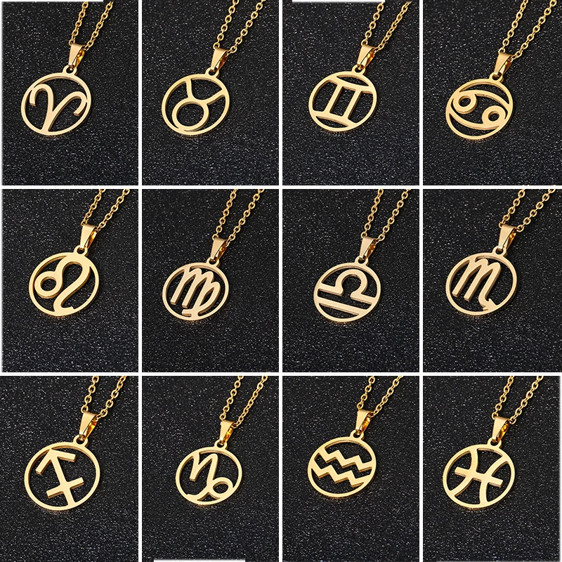 New Stainless Steel Star Zodiac Sign Necklace 12 Constellation Pendant For Women Silver Color Chain Birthday Jewelry Choker Gift