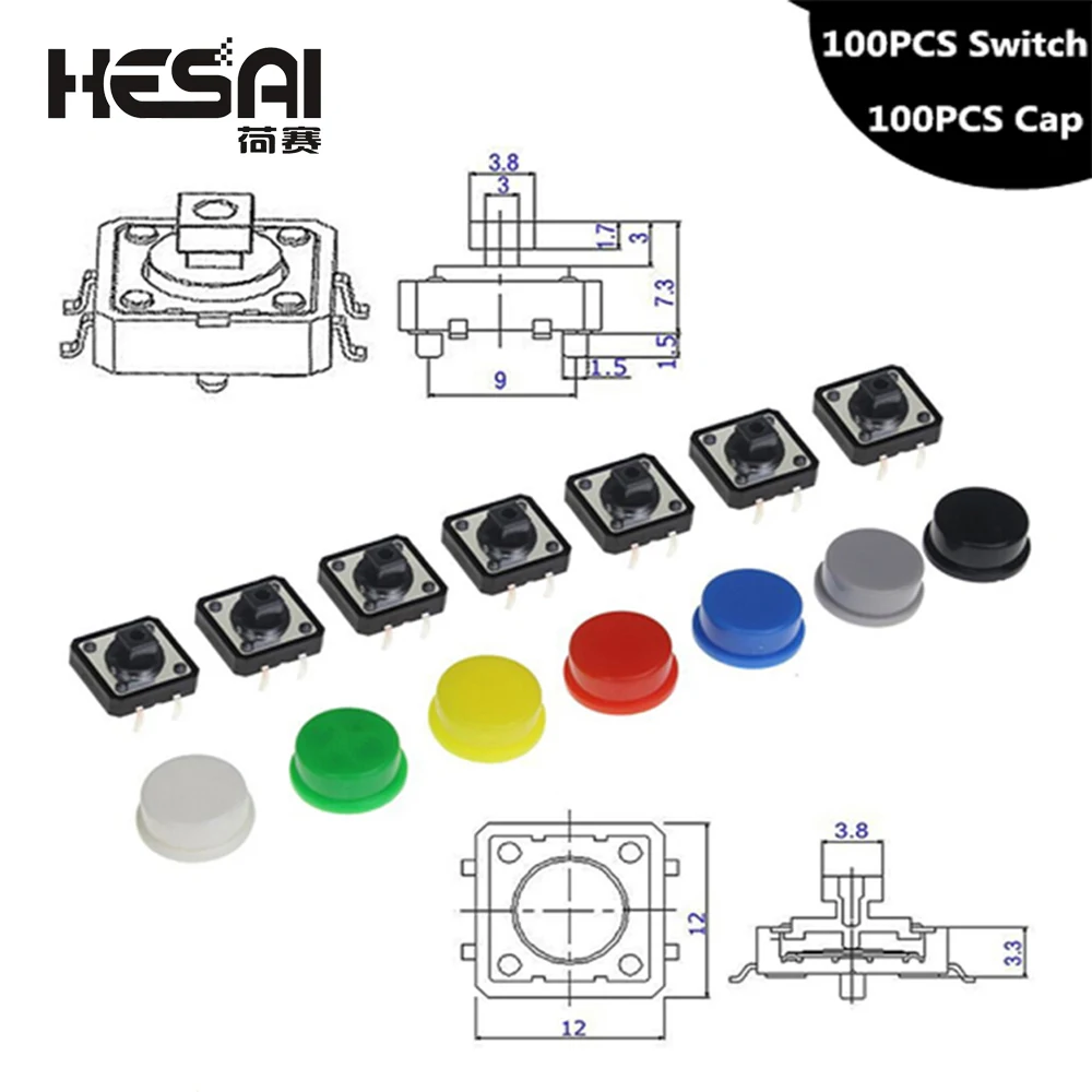 Juego de botones táctiles momentáneos para arduino, Kit surtido de microinterruptores para Raspberry Pi, 12x12x100 MM, 7,3 unidades