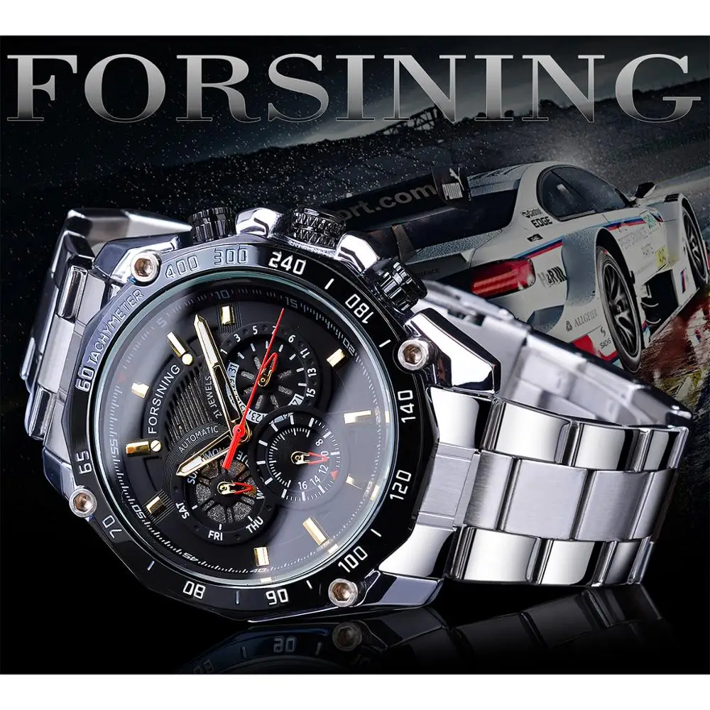 Forsining Sport Style Men's Mechanical Watches Black Automatic 3 Sub Dial Date Stainless Steel Belts Outdoor Military Wristwatch