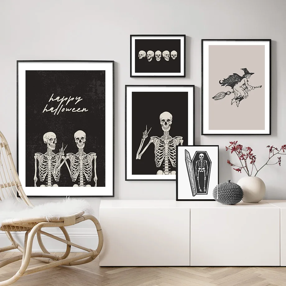 Halloween Skeleton Black Cat Witch Ghost Wall Art Canvas Painting Nordic Posters And Prints Wall Pictures For Living Room Decor