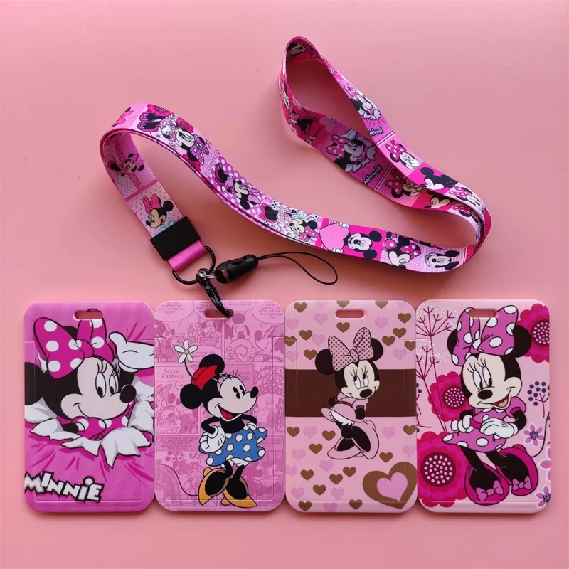 Disney Mickey Minnie Mouse ID Card Holder Lanyard Girls Credential Holders Neck Straps Women Badge Holder Keychains Accessories