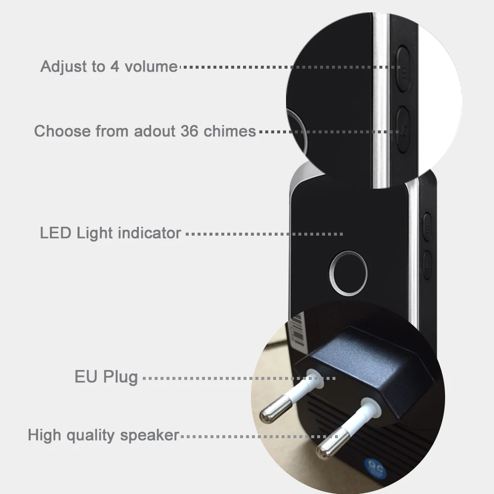 Cacazi campainha sem fio à prova dwaterproof água 1 bateria botão 4 receptor 300 m remoto led casa sem fio sino plug ue 36 sinos 4 volume