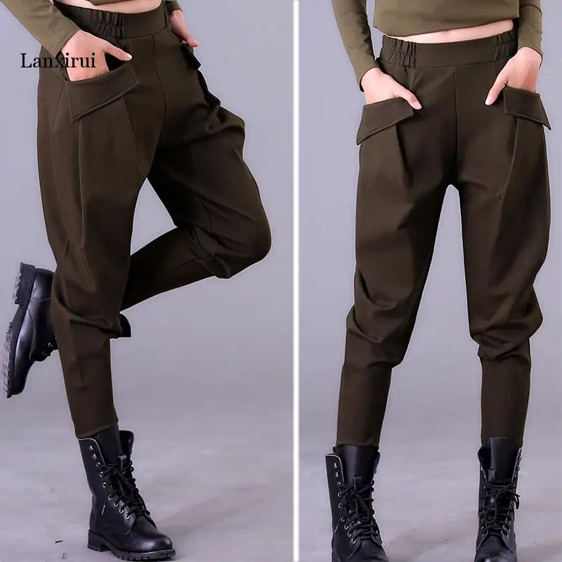 

Women's Pants Autumn and winter harem pants women's casual trousers were thin Elastic waist pants large size radish pants black