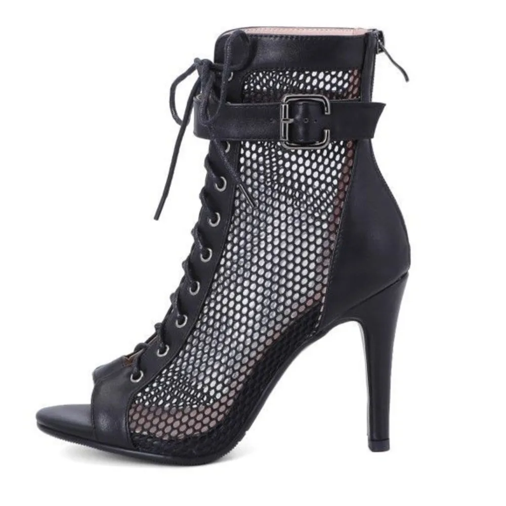 Mesh Cool Damen Sommer Kurze Stiefel Netzstiefel Fischmaul Kleine Größe Dünne Ferse High Heel Tanz Ballsaal