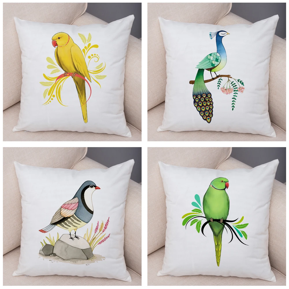 Cartoon Parrot Animal Pillow Case Decor Birds and Flower Cushion Cover for Sofa Home Car Super Soft Plush Pillowcase 45x45cm