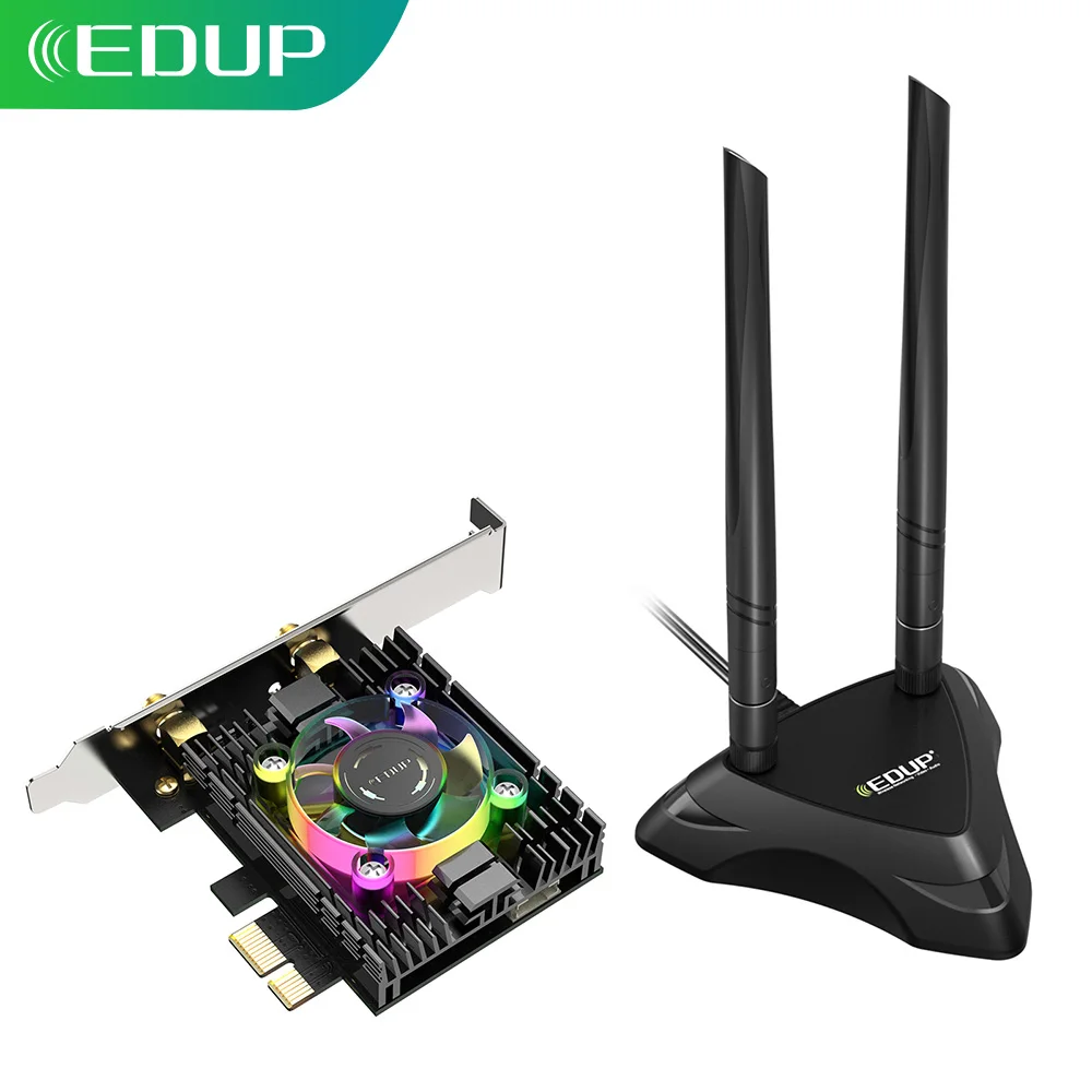 EDUP 3000Mbps WiFi 6 Card Adapter Bluetooth 5.1 Dual Band 2.4G/5G With Heatsink & RGB Fan And Antenna Base Intel AX200 Chipset