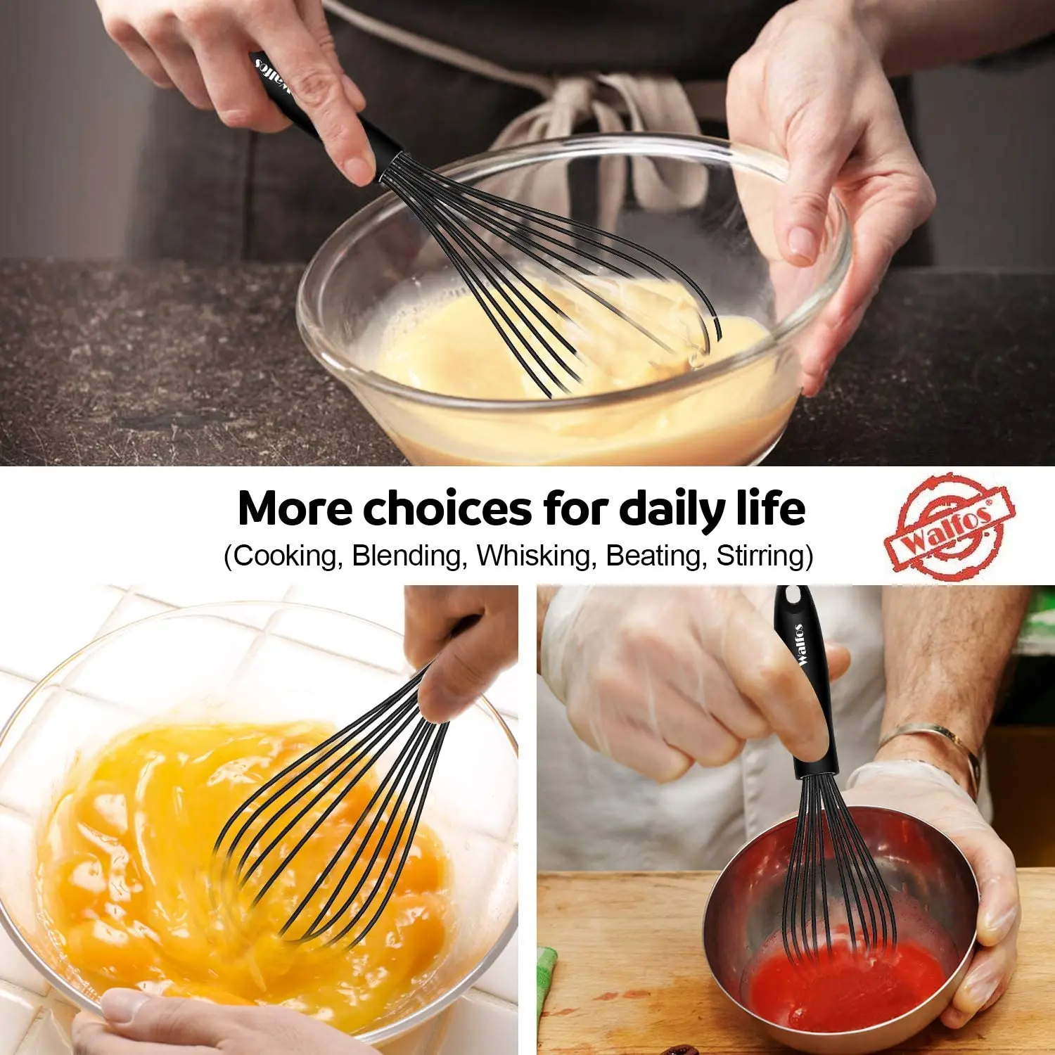 Walfos Silicone Whisk Stainless Steel Wire Whisk - Heat Resistant Kitchen Whisks For Non-Stick Egg Foamer Stirrer Kitchen Tool