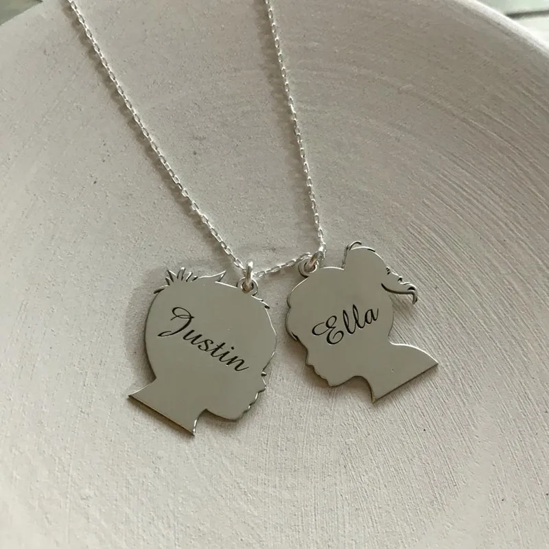 Custom Kids Names Necklace Pendant Child Face Silhouette Necklace Stainless Steel Chain Pendant Personalized Double Necklace