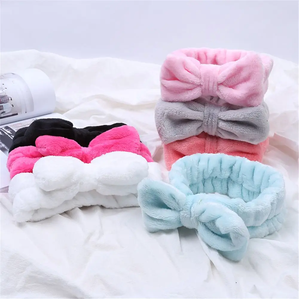 Wash Face Hair Holder Hairbands Soft Coral Fleece Bow Headband Women Bath Mask Cosmetic Hairband Elastic Turban Hair Accessories