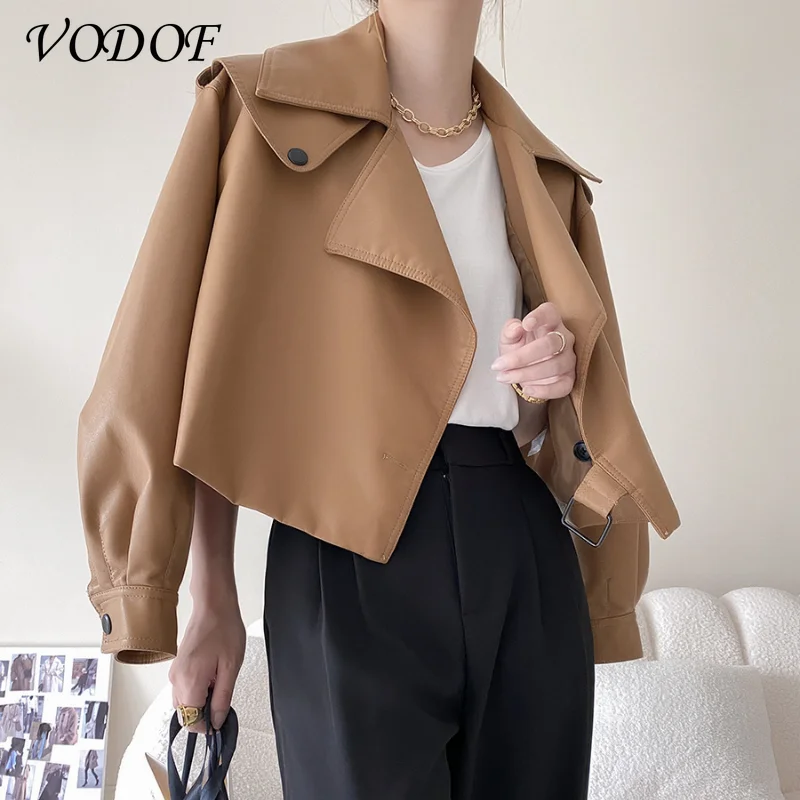 VODOF 2021 New Spring Women Pu Leather Motorcycle Jacket Female With Belt Solid Color Jackets Ladys Loose Casual Jacket