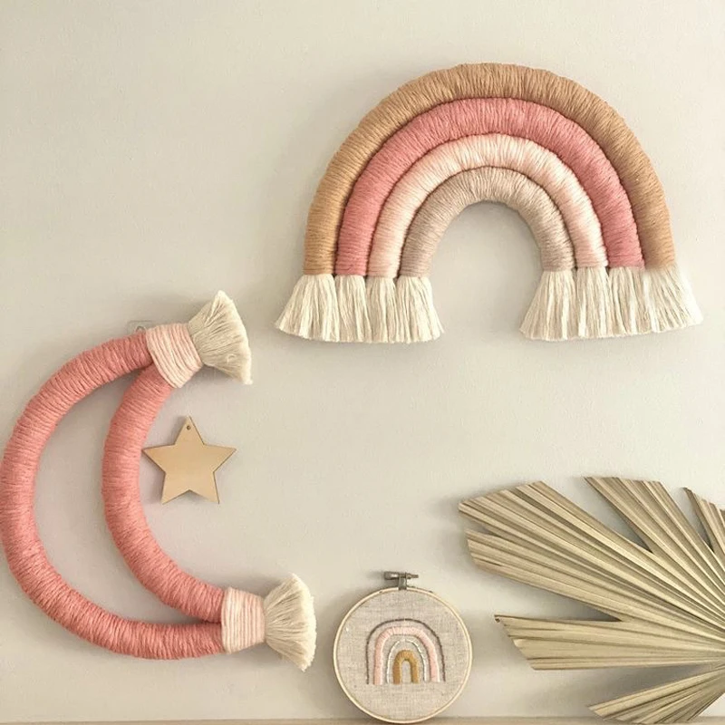 Nordic Style Woven Moon Wall Hanging Pendant Toys Boys Girls Bedroom Decorations Baby Shower Birthday Party Decor Photo Props