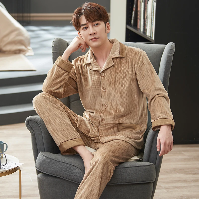 Winter Male Stitching Cardigan Island Fleece Lounge Wear Long-Sleeve Thick Coral Fleece Sleepwear Big Yards M-3XL Pijamas Hombre