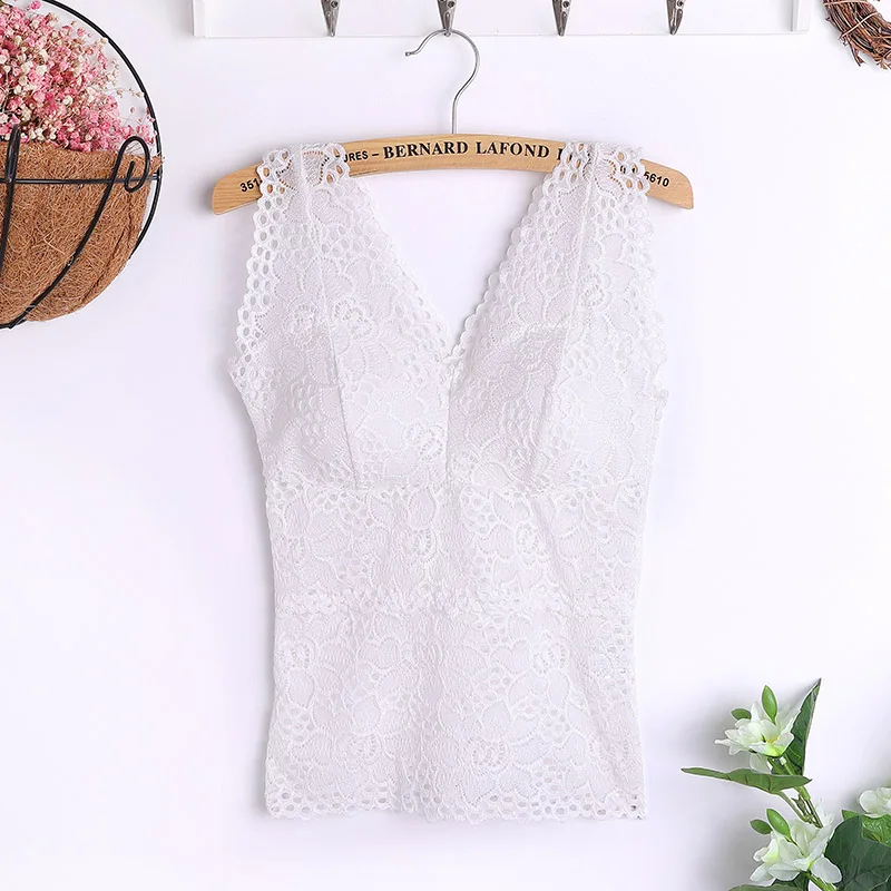 Fashion Women Sexy  Lace Flower Crop Top With Chest Pad Long V-Neck Sleeveless Solid Color Vest Tops Camisole